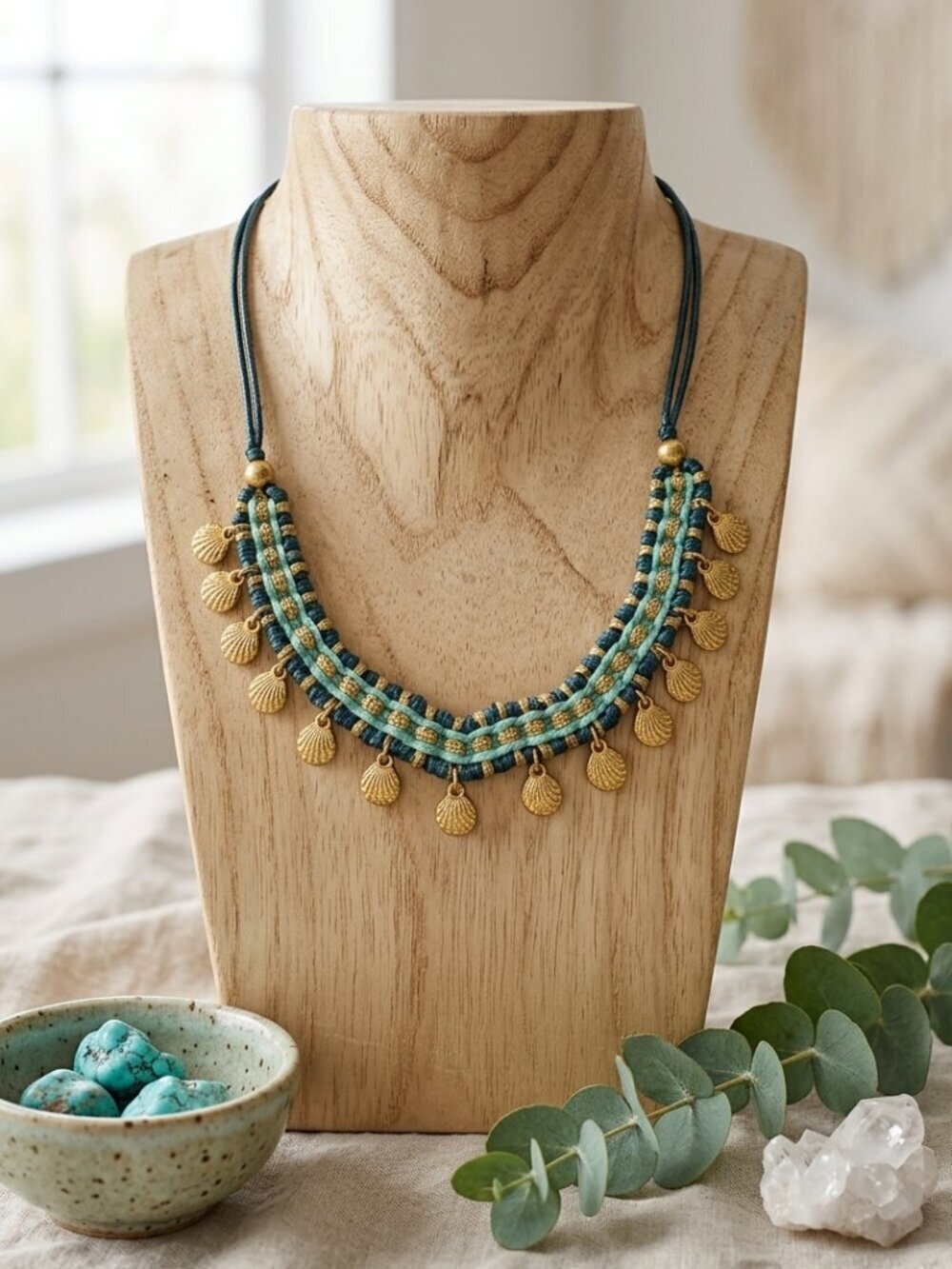 Boho Woven Bib Necklace Turquoise Navy Gold Shell Charms Handmade Cottagecore